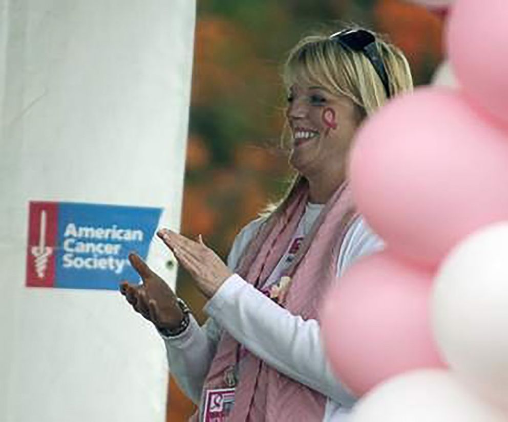 PHOTO:Cancer survivor Jennifer Lowright speaks at an American Cancer Society meeting in an undated photo. After beating an aggresive form of breast cancer, Lowright went on to have a beautiful baby girl in 2018.