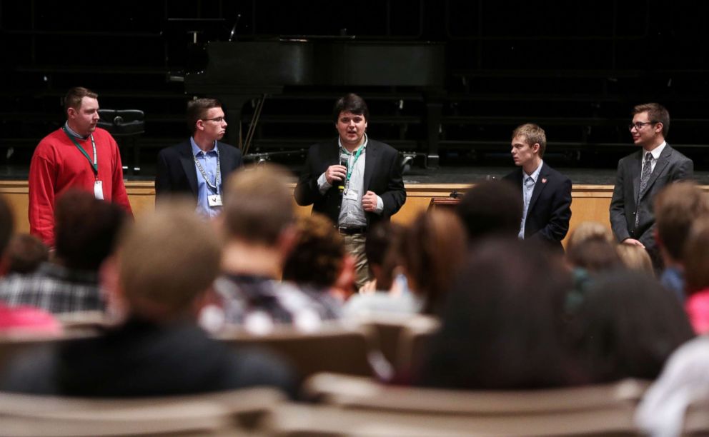 PHOTO: Jack Bergeson speaks during a forum with the three other teenage candidates Ethan Randleas, Candidate Alexander Cline, 17, Tyler Ruzich (2ndR), 17, and Dominic Scavuzzo (R), 17, are running for Kansas Governor in Lawrence, Kansas, Oct. 19, 2017. 
