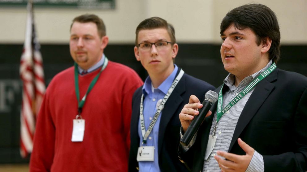 Jack Bergeson, 16, of Wichita, Kansas speaks during a forum with some of the four teenage candidates for Kansas Governor at Free State High School in Lawrence, Kansas, Oct. 19, 2017, joined by Ethan Randleas, 17, of Wichita,and Jack's running mate Lt. Gov. Candidate Alexander Cline(C), 17, of Wichita.
The state of Kansas has no age restrictions for gubernatorial candidates. The mid-term election will be held on November 6, 2018. 
