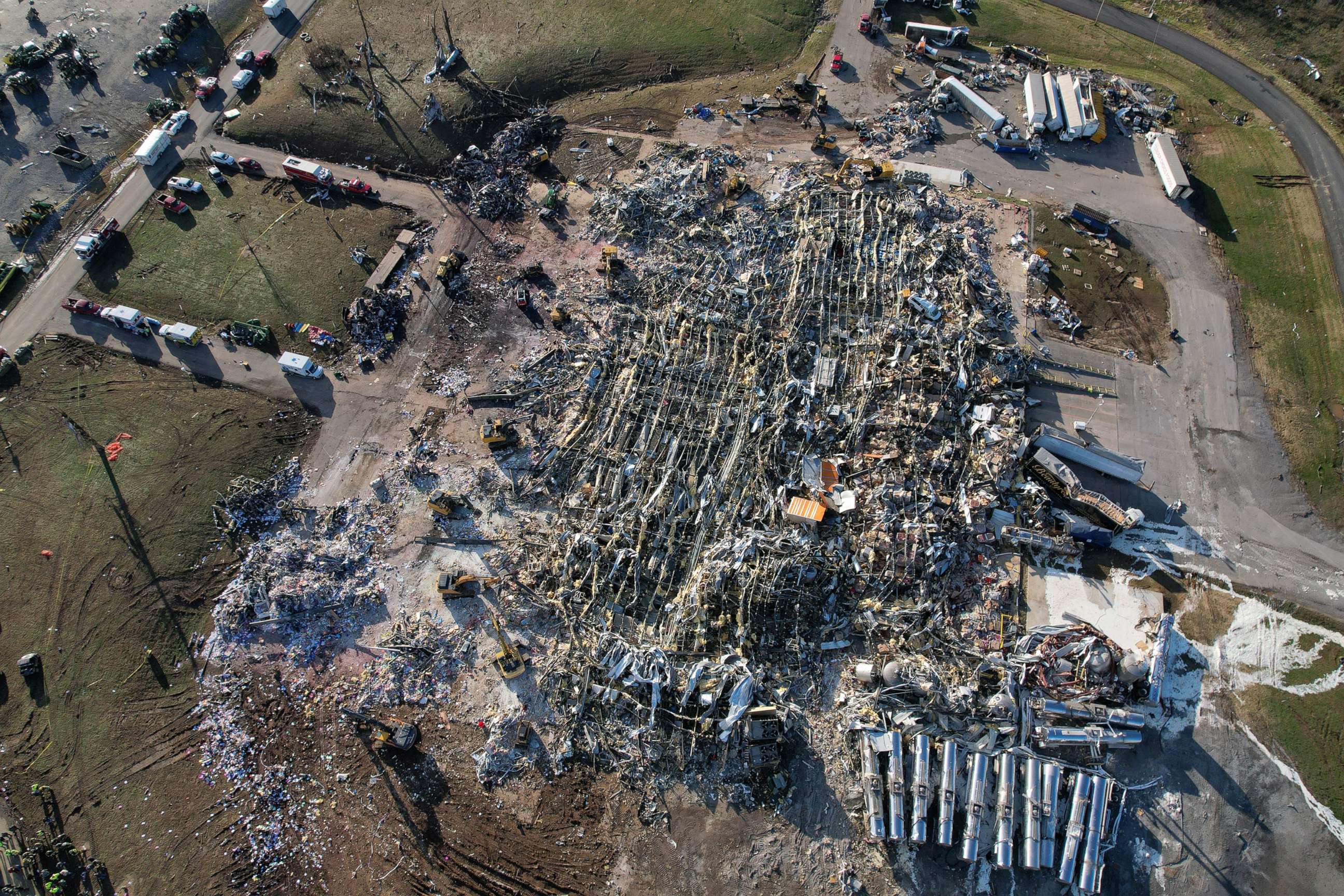 PHOTO: An aerial view of the damage to the candle factory after a devastating outbreak of tornadoes ripped through several states, in Mayfield, Ky., Dec. 11, 2021.