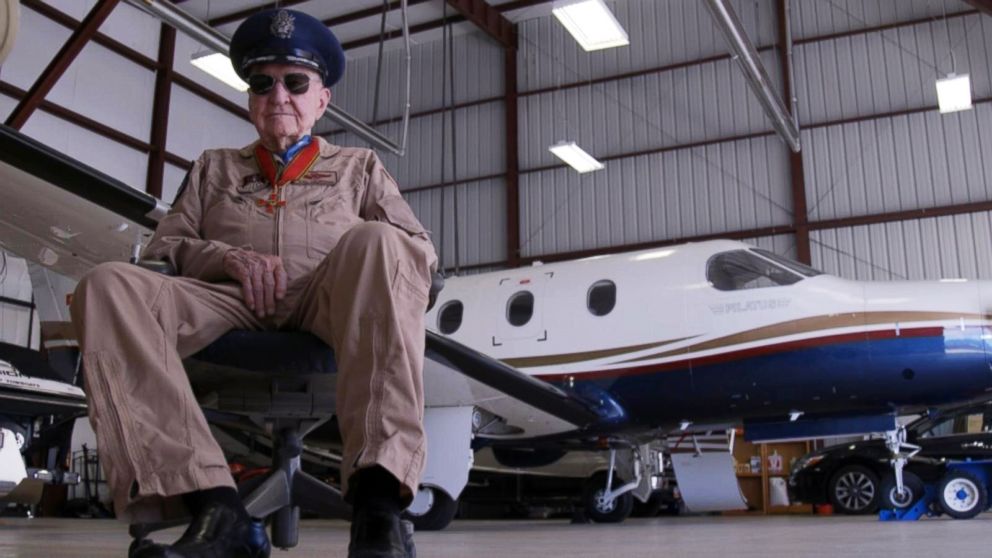 PHOTO: Col. Gail "Hal" Halvorsen sits in an airplane hangar in Spanish Fork, Utah. The purpose of the air drop is to bring more recognition to the Gail S. Halvorsen Aviation Education Center that's planning to be built.