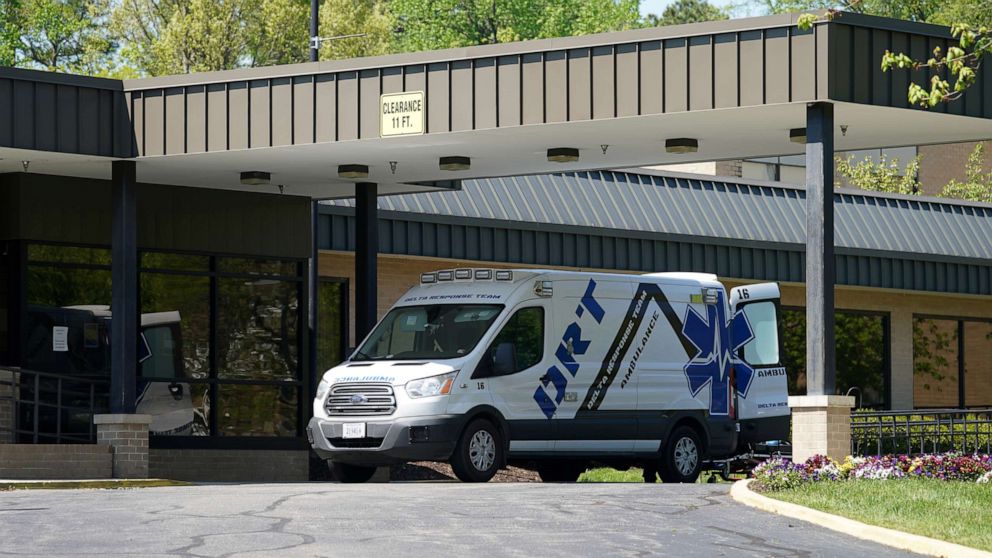 PHOTO: An ambulance is seen outside the Canterbury Rehabilitation &amp; Healthcare Center in Richmond, Virginia, April 16, 2020.