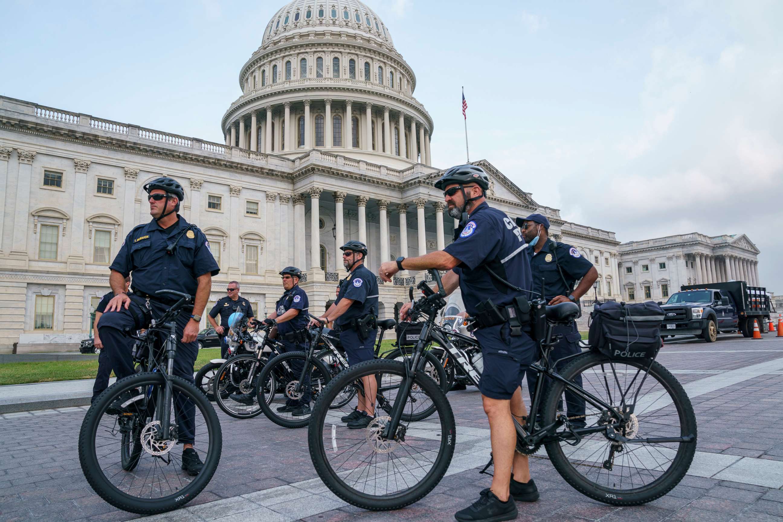 PHOTO: U.S. Capitol Police Mountain Bike officers secure the plaza as House Minority Leader Kevin McCarthy assembles his Republican colleagues on the steps of the Capitol in Washington, D.C., July 29, 2021.