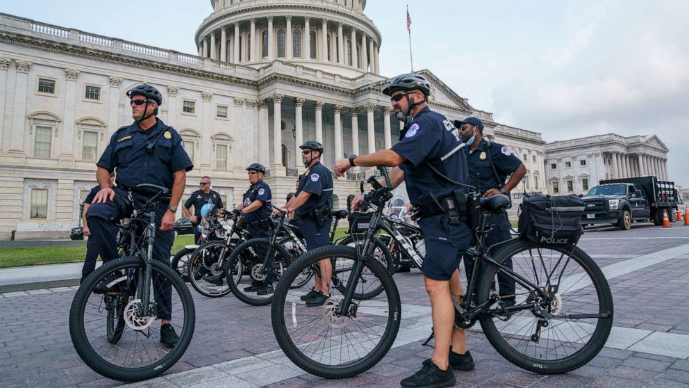 PHOTO: U.S. Capitol Police Mountain Bike officers secure the plaza as House Minority Leader Kevin McCarthy assembles his Republican colleagues on the steps of the Capitol in Washington, D.C., July 29, 2021.