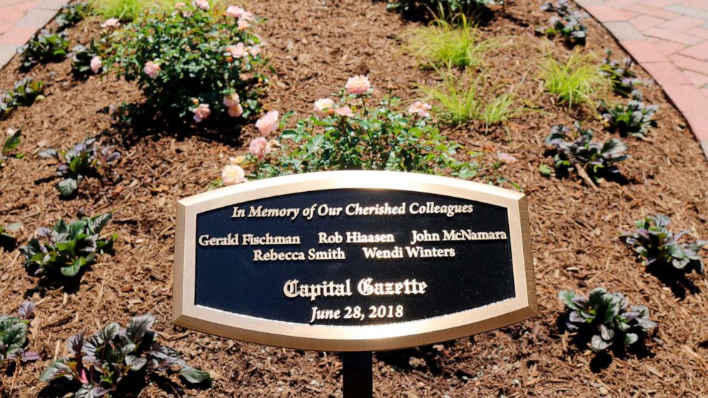 PHOTO: A memorial to the five Capital Gazette employees, who died in a shooting in the newspaper's newsroom last year, was unveiled Friday, June, 28, 2019, at a park in Annapolis, Md.