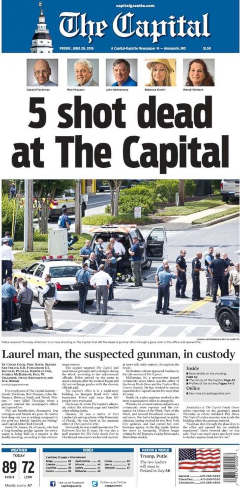 The Friday, June 29, 2018, cover of the Capital Gazette covered the shooting at the paper's newsroom.