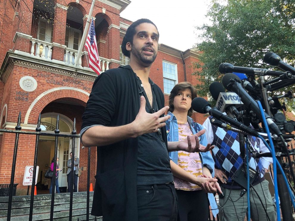 PHOTO: Phil Davis and Rachael Pacella, reporters who survived the 2018 shooting at the Capital Gazette newspaper, speak outside Anne Arundel County Circuit Court in Annapolis, Maryland, Oct. 28, 2019.
