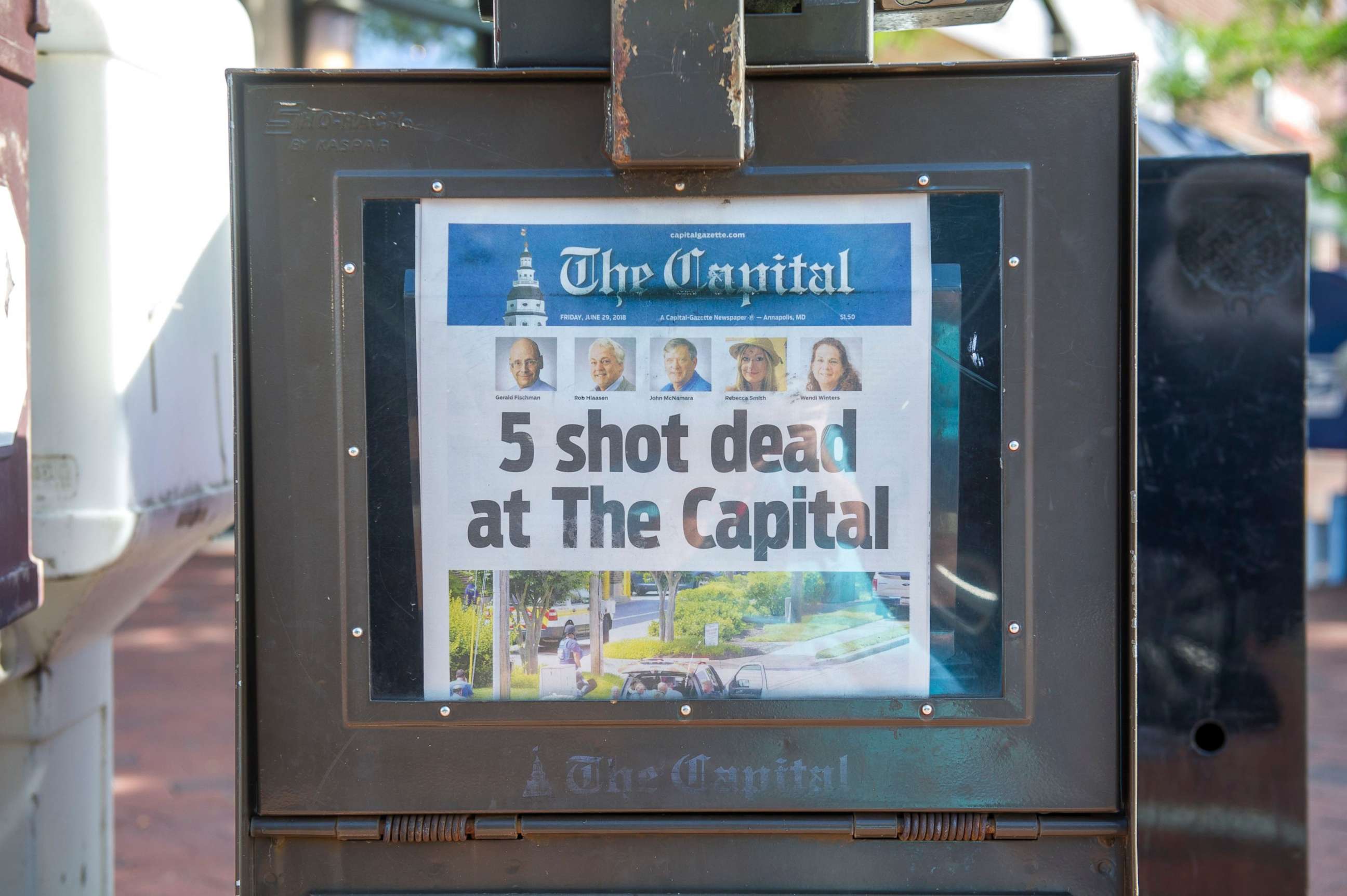 PHOTO: Today's edition of The Capital is seen for sale in a newspaper box on Main Street in Annapolis, Maryland, June 29, 2018. 