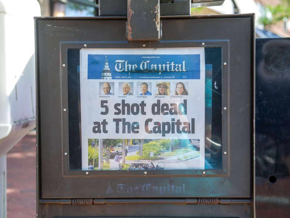 PHOTO: Todays edition of The Capital is seen for sale in a newspaper box on Main Street in Annapolis, Maryland, June 29, 2018.