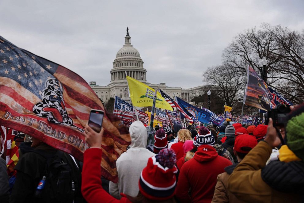PHOTO: Supporters of President Donald Trump gather outside the Capitol following a "Stop the Steal" rally, Jan. 6, 2021.