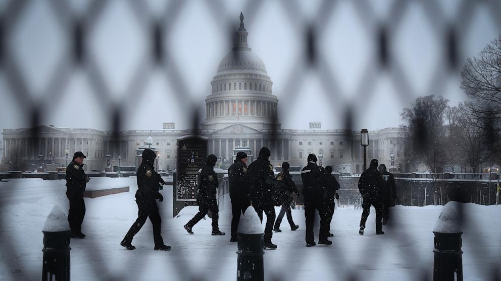 PHOTO: Law enforcement officers patrol outside the U.S. Capitol as snow falls during a winter storm Jan. 6, 2025, in Washington.