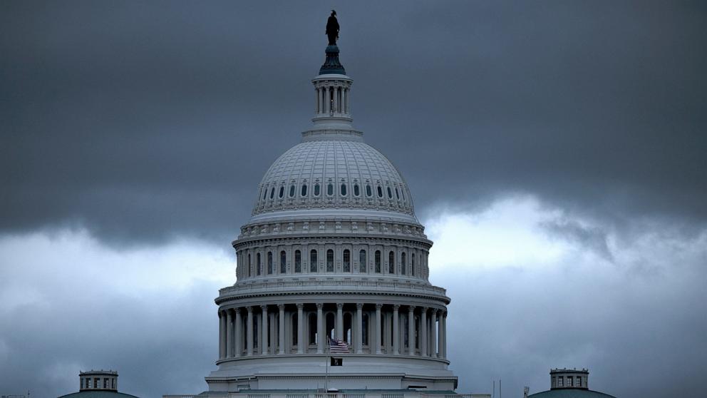PHOTO: A view of the US Capitol building following rain showers on the eigth day of the federal government, October 8, 2025, in Washington.