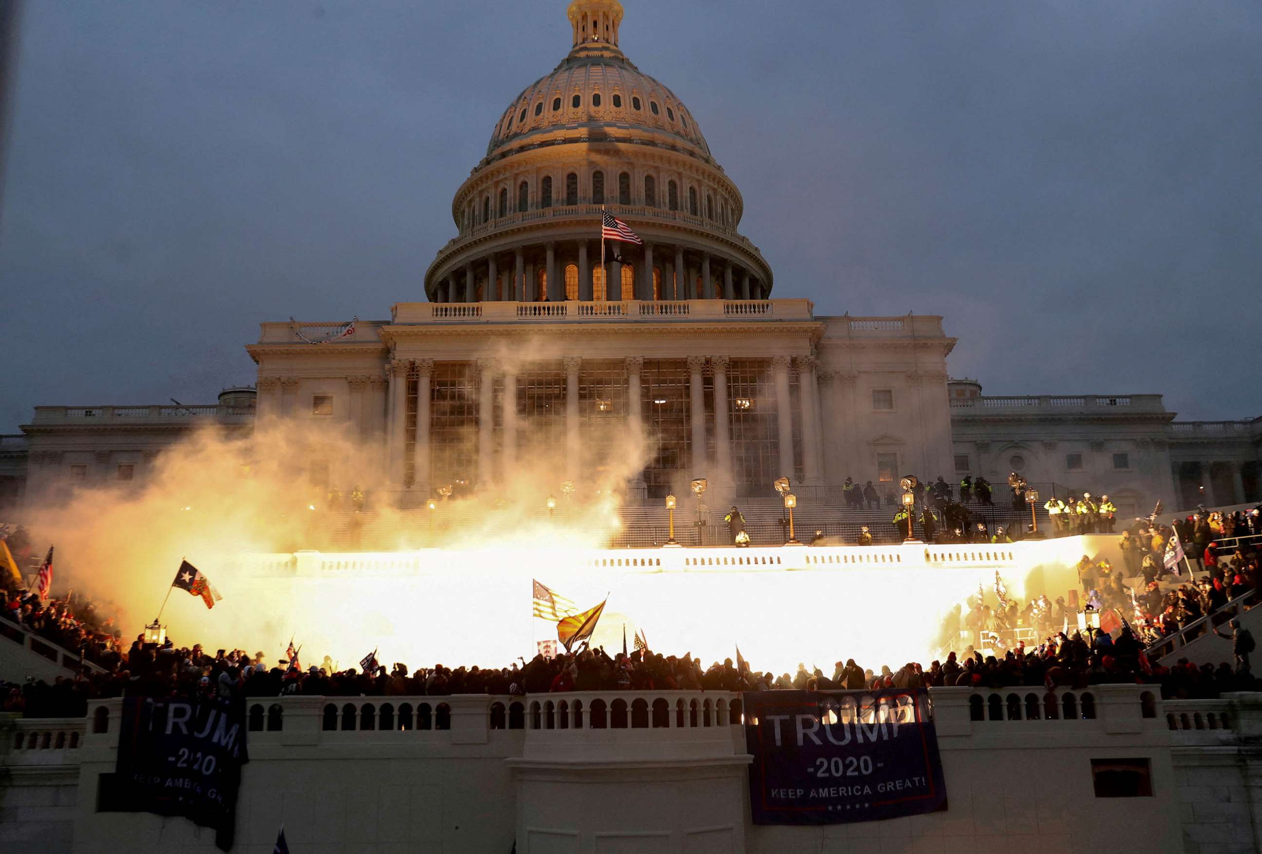 PHOTO: FILE - An explosion caused by a police munition is seen while supporters of U.S. President Donald Trump gather in front of the U.S. Capitol Building in Washington, Jan. 6, 2021.