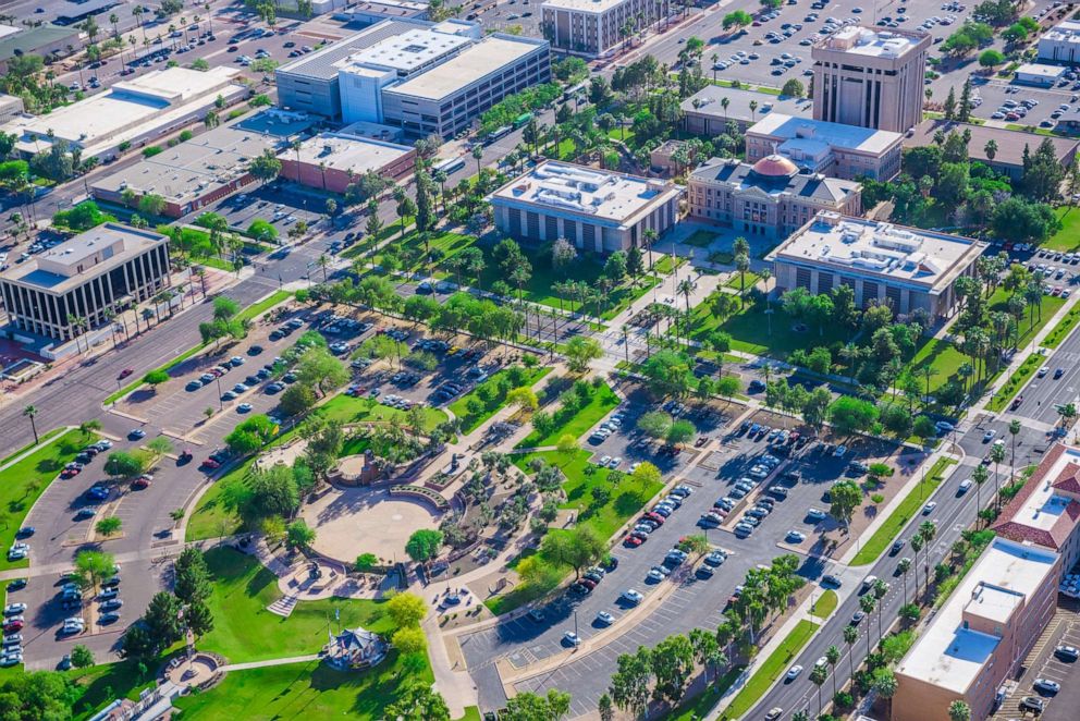 PHOTO: Aerial view of Arizona State Capitol Building complex and campus, in Phoenix Ariz.