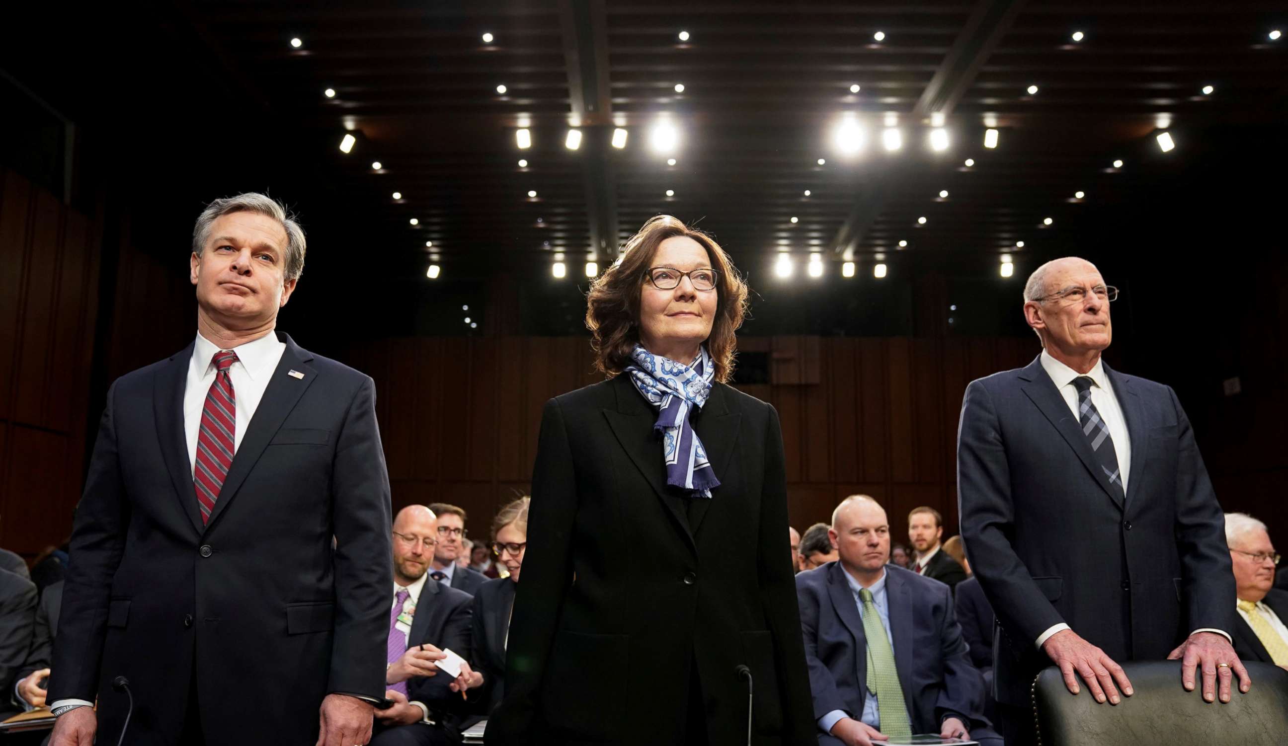 PHOTO: FBI Director Christopher Wray; CIA Director Gina Haspel and Director of National Intelligence Dan Coats arrive to testify before a Senate Intelligence Committee hearing on "worldwide threats" on Capitol Hill in Washington,D.C., Jan. 29, 2019.