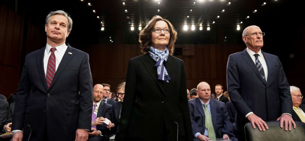 PHOTO: FBI Director Christopher Wray; CIA Director Gina Haspel and Director of National Intelligence Dan Coats arrive to testify before a Senate Intelligence Committee hearing on "worldwide threats" on Capitol Hill in Washington,D.C., Jan. 29, 2019.