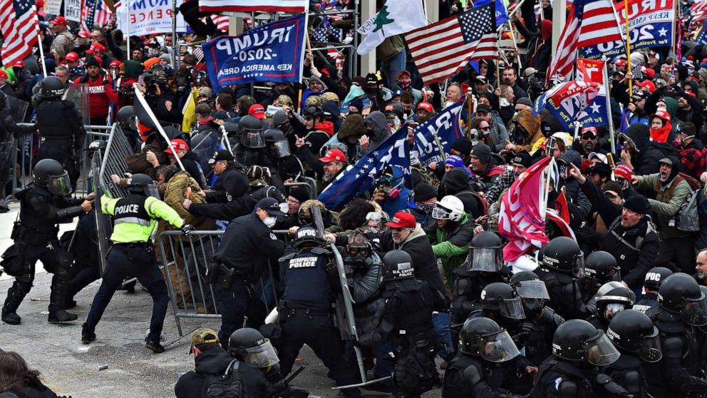 PHOTO: Trump supporters clash with police and security forces as they push barricades to storm the Capitol in Washington D.C., Jan. 6, 2021.