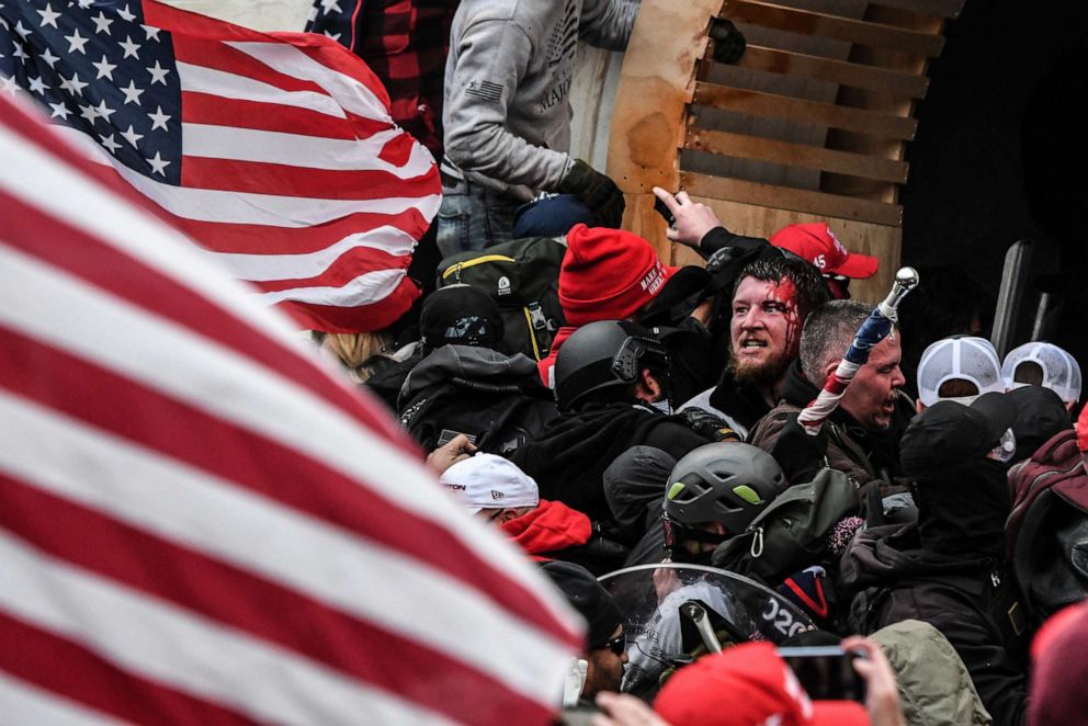 PHOTO: Supporters of President Donald Trump clash with police at the west entrance of the U.S. Capitol in Washington, Jan. 6, 2021.