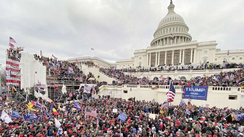 PHOTO: Supporters of President Donald Trumps gather outside the Capitol building in Washington, Jan. 06, 2021. 