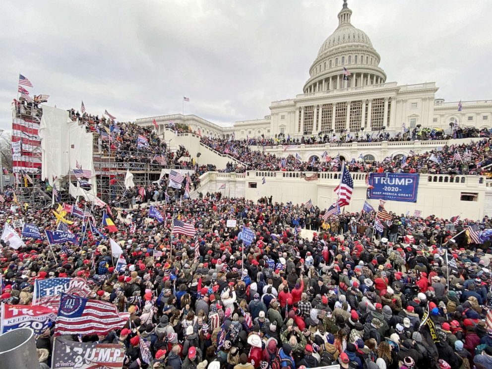 PHOTO: Supporters of President Donald Trumps gather outside the Capitol building in Washington, Jan. 06, 2021. 