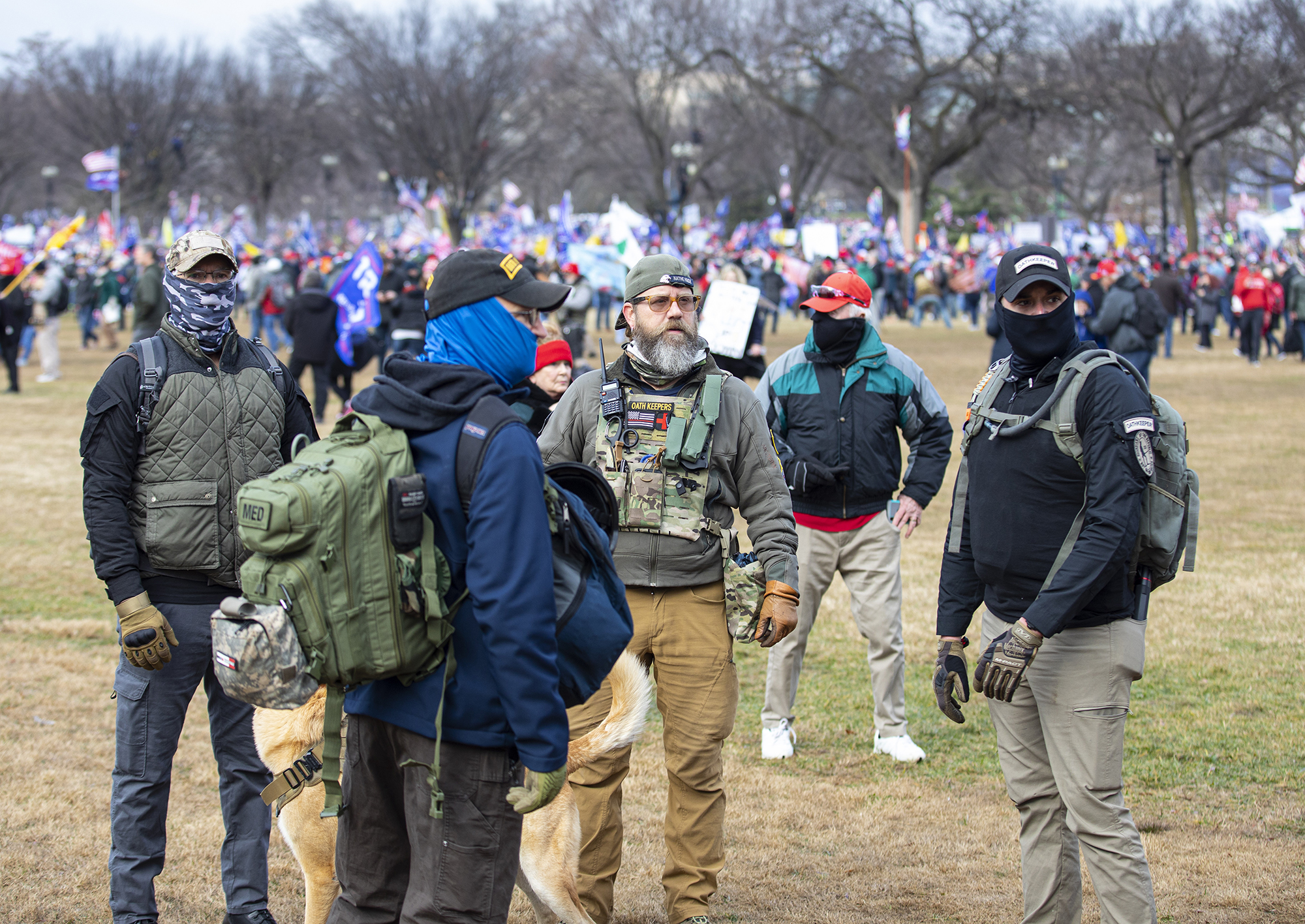 PHOTO:  Men belonging to the Oath Keepers wearing military tactical gear attend the "Stop the Steal" rally in Washington, Jan. 06, 2021.