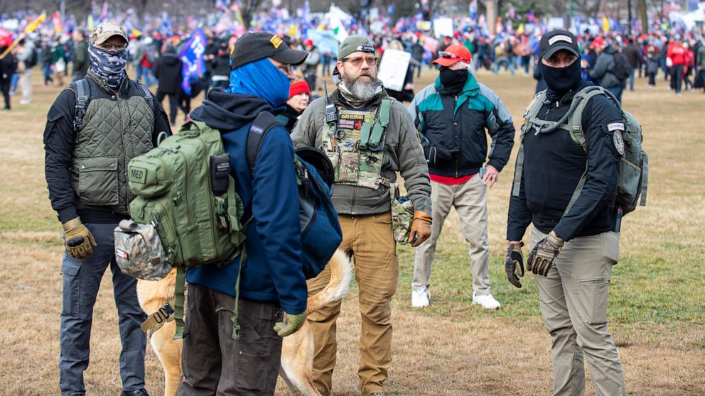 PHOTO:  Men belonging to the Oath Keepers wearing military tactical gear attend the "Stop the Steal" rally in Washington, Jan. 06, 2021.