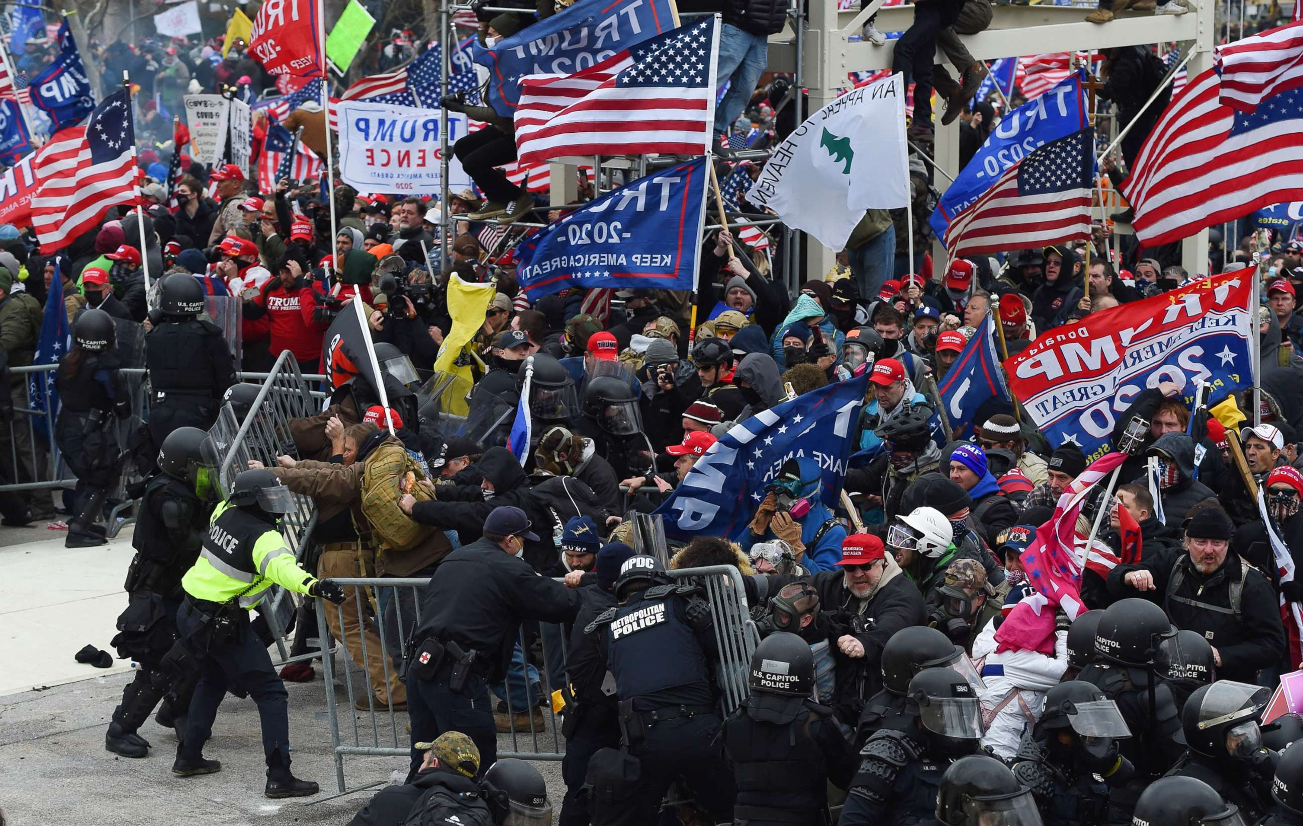 PHOTO: Trump supporters clash with police and security forces as they push barricades to storm the U.S. Capitol in Washington D.C., on Jan. 6, 2021.