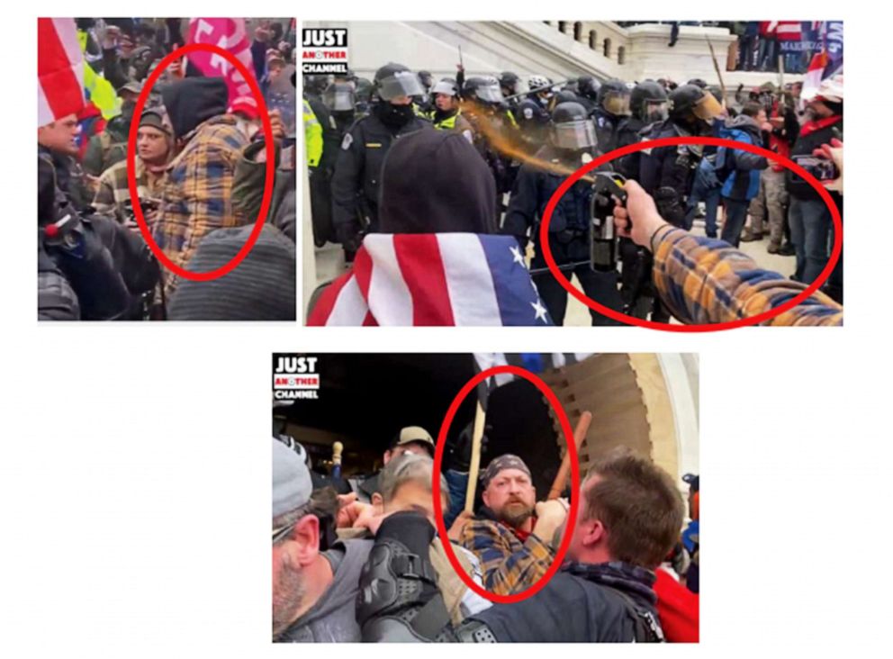 PHOTO:  Authorities identified Peter Schwartz as the man in the red circles, in these screengrabs of footage taken at the U.S. Capitol on Jan. 6, 2021, included in a criminal complaint.