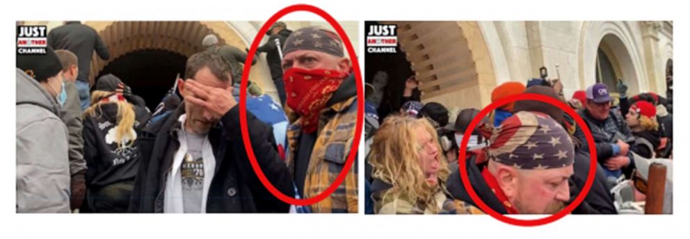 PHOTO: Authorities identified Peter Schwartz as the man in the red circles, in these screengrabs of footage taken at the U.S. Capitol on Jan. 6, 2021, included in a criminal complaint.