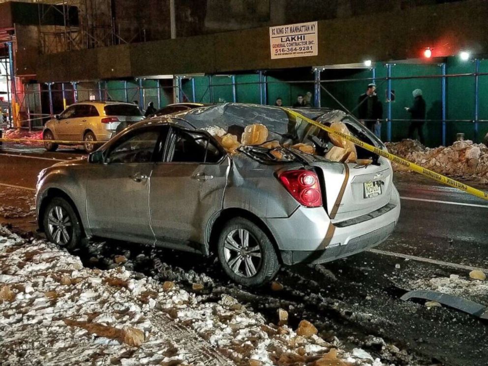 PHOTO: A large chunk of ice fell in Manhattan, crushing a parked vehicle, Jan. 9, 2018. 