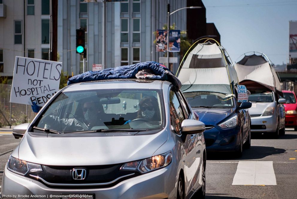 PHOTO: San Franciscans participate in car protest to demand Governor Newsom cancel rent and mortgage payments during the pandemic, and to prevent millions of Californians from incurring massive debt, April 13, 2020, in San Francisco.