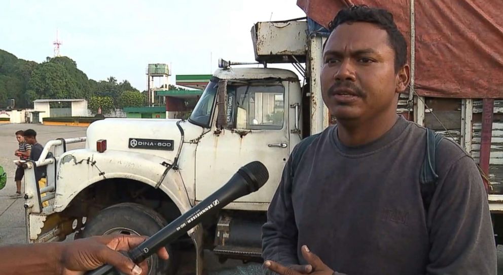 PHOTO: ABC News interviews Franklyn Cano, 30, of Honduras who says many people can't afford to pay the 150 pesos for a truck ride as he travels with the caravan towards the United States. 