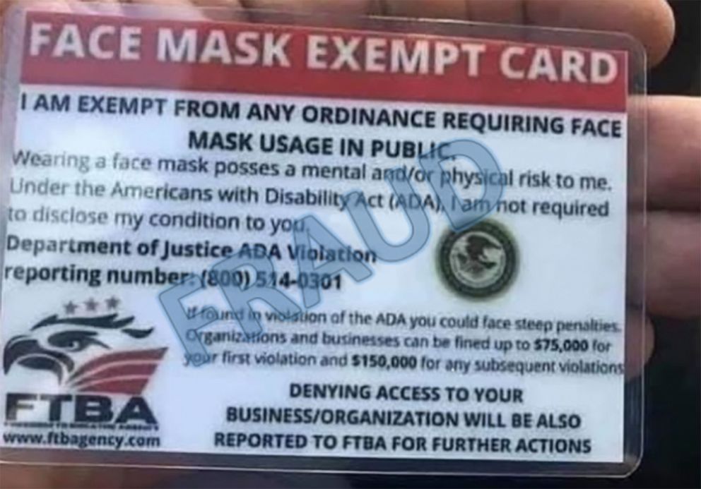 PHOTO: A 'Face mask exempt' card, which features a Department of Justice logo, is seen in a DoJ handout image. Federal officials recently flagged that the group behind the cards are not a government agency and described the cards as fraudulent.