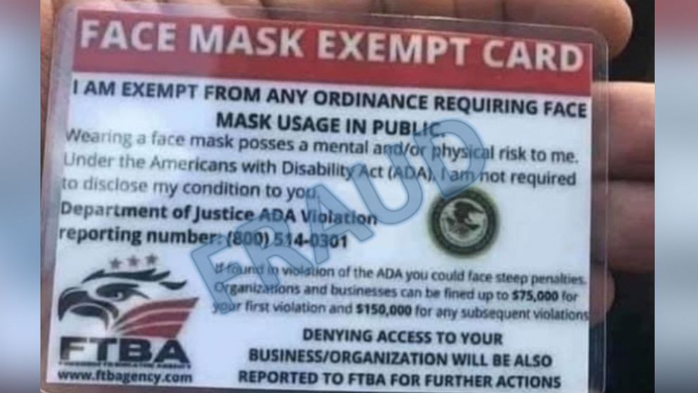 Group behind fraudulent 'face mask exempt' cards pledges to keep distributing them