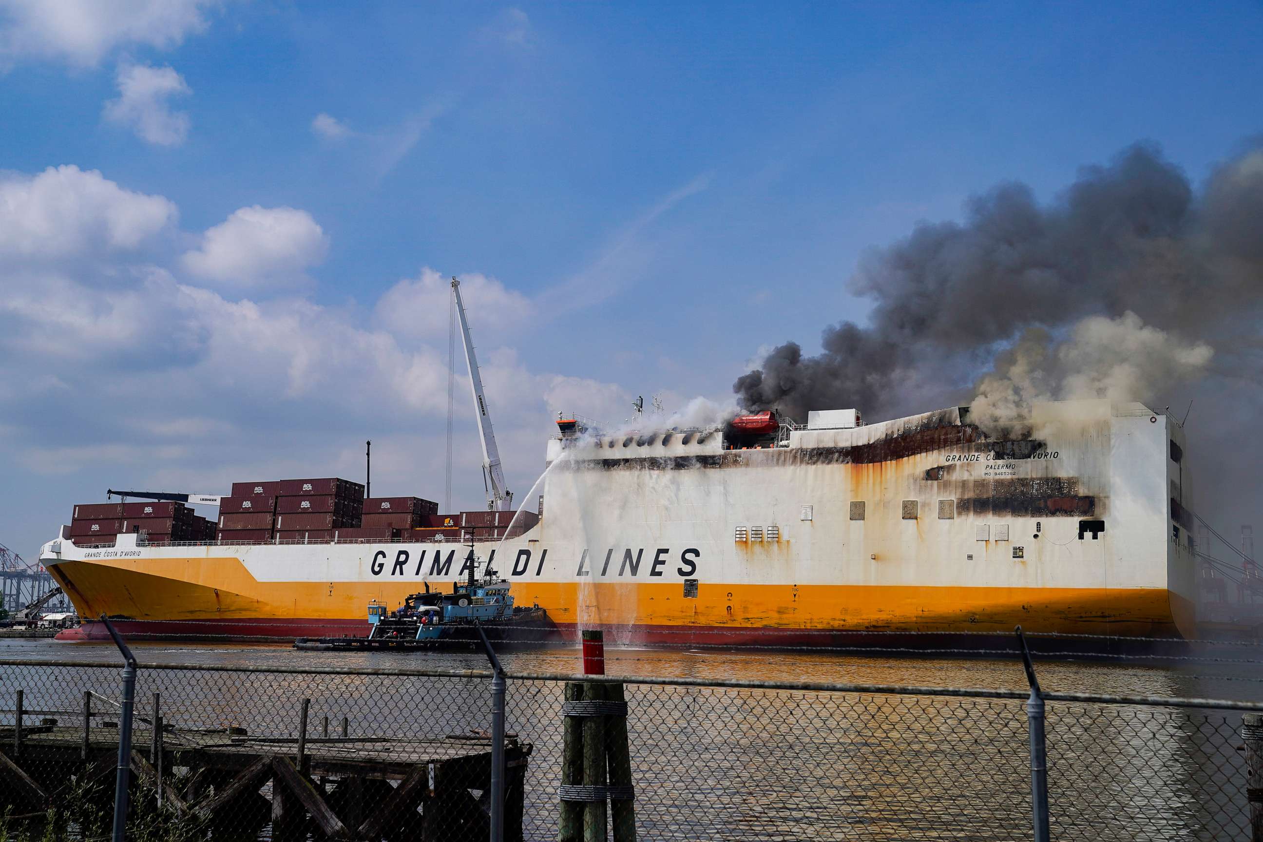PHOTO: Emergency personnel battle against a fire aboard the Italian-flagged Grande Costa d'Avorio cargo ship at the Port of Newark, July 7, 2023, in Newark, N.J.