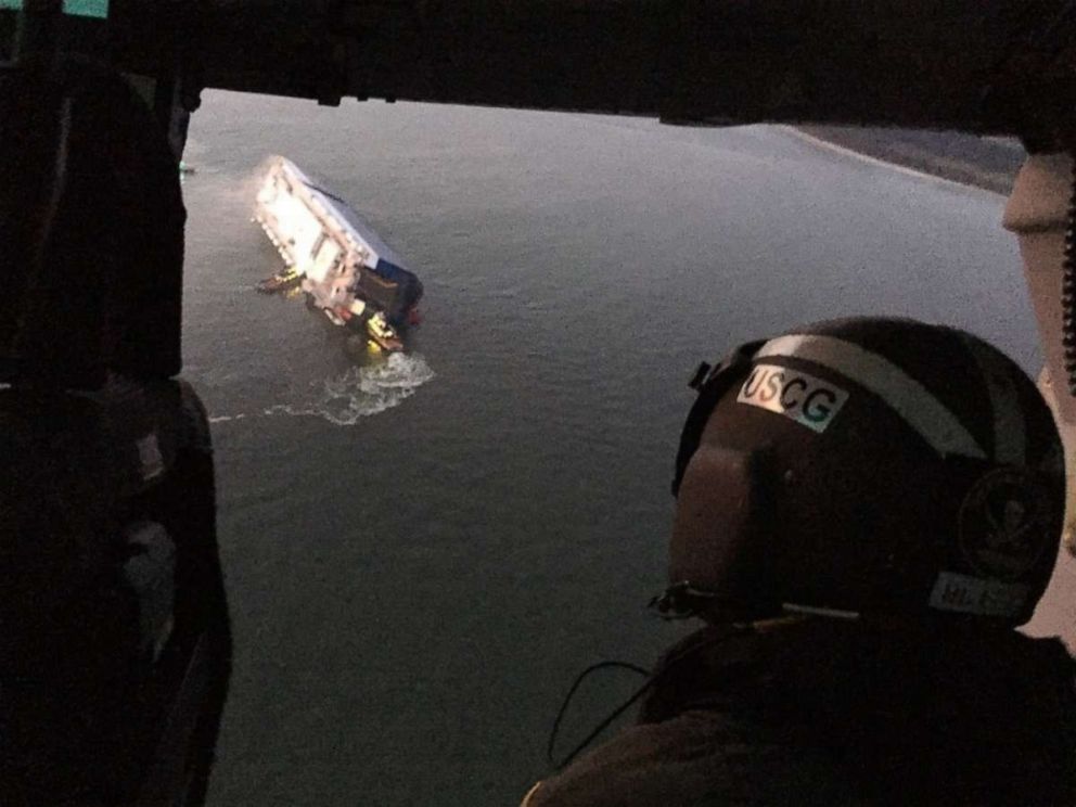 PHOTO: A cargo ship caught fire and overturned in the St. Simons Sound off Brunswick, Ga, Sept. 8, 2019.