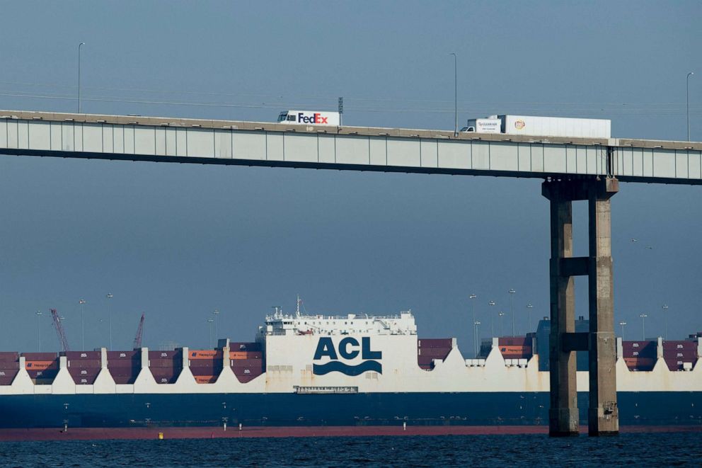 PHOTO: A Federal Express and a Frito-Lay trucks cross the Francis Scott Key Bridge and pass over an Atlantic Container Line cargo ship in Baltimore, Md., Oct. 14, 2021.