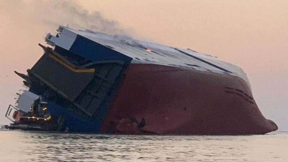 PHOTO: A cargo ship caught fire and overturned in the St. Simons Sound off Brunswick, Ga, Sept. 8, 2019.