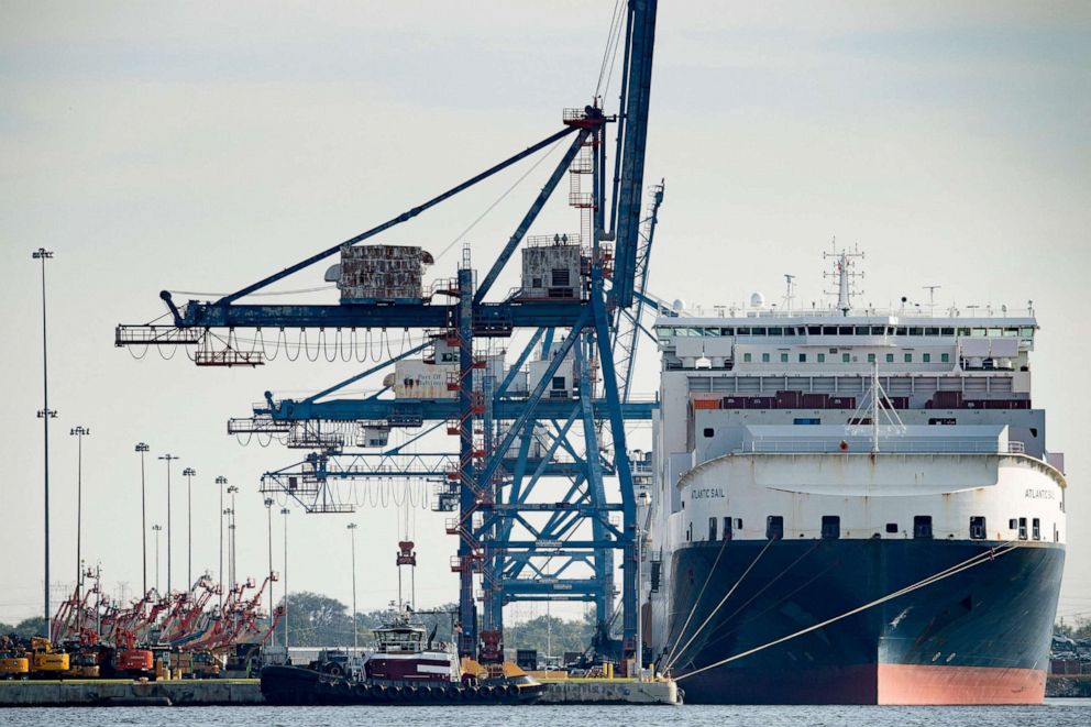 PHOTO: A cargo ship is docked at the Port of Baltimore, Oct. 14, 2021, in Baltimore, Md.