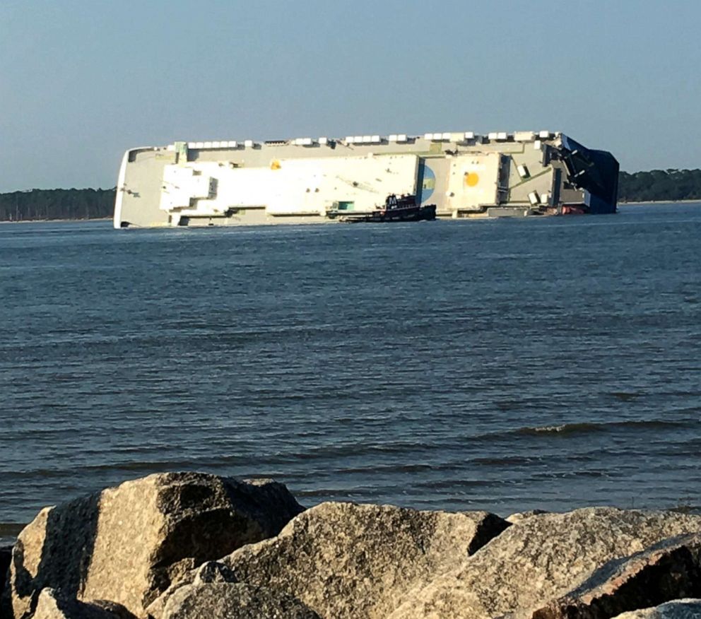 PHOTO: In this photo provided by Tara Jones, a capsized cargo ship is seen near a port on the Georgia coast, Sunday, Sept. 8, 2019.