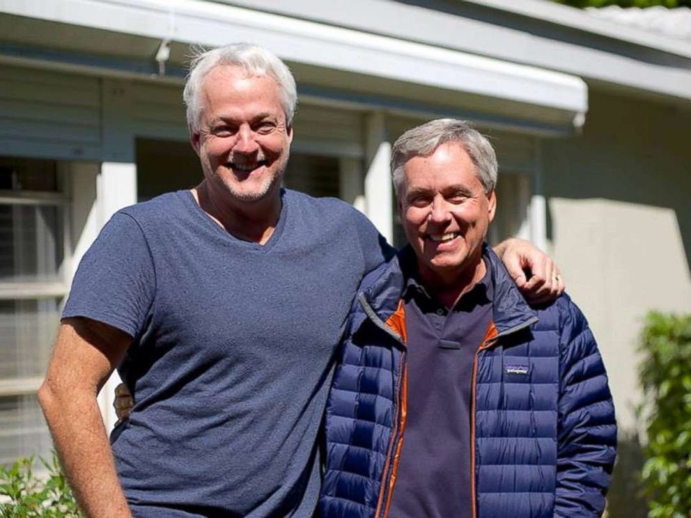 Author Carl Hiaasen poses with his brother, Rob, left, who was killed in the newspaper shooting in Annapolis, Md., June 28, 2018.