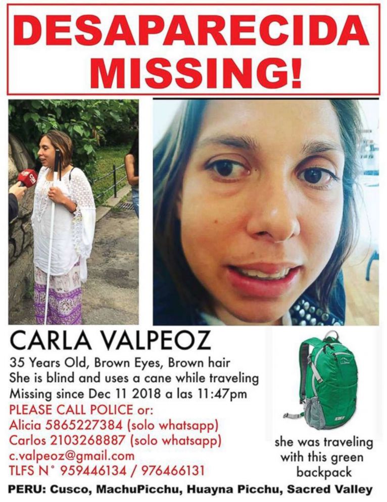 PHOTO: Carla Valpeoz, a partially blind traveler who has gone missing in Peru, is pictured on a poster released by her employer, the Arab American National Museum.