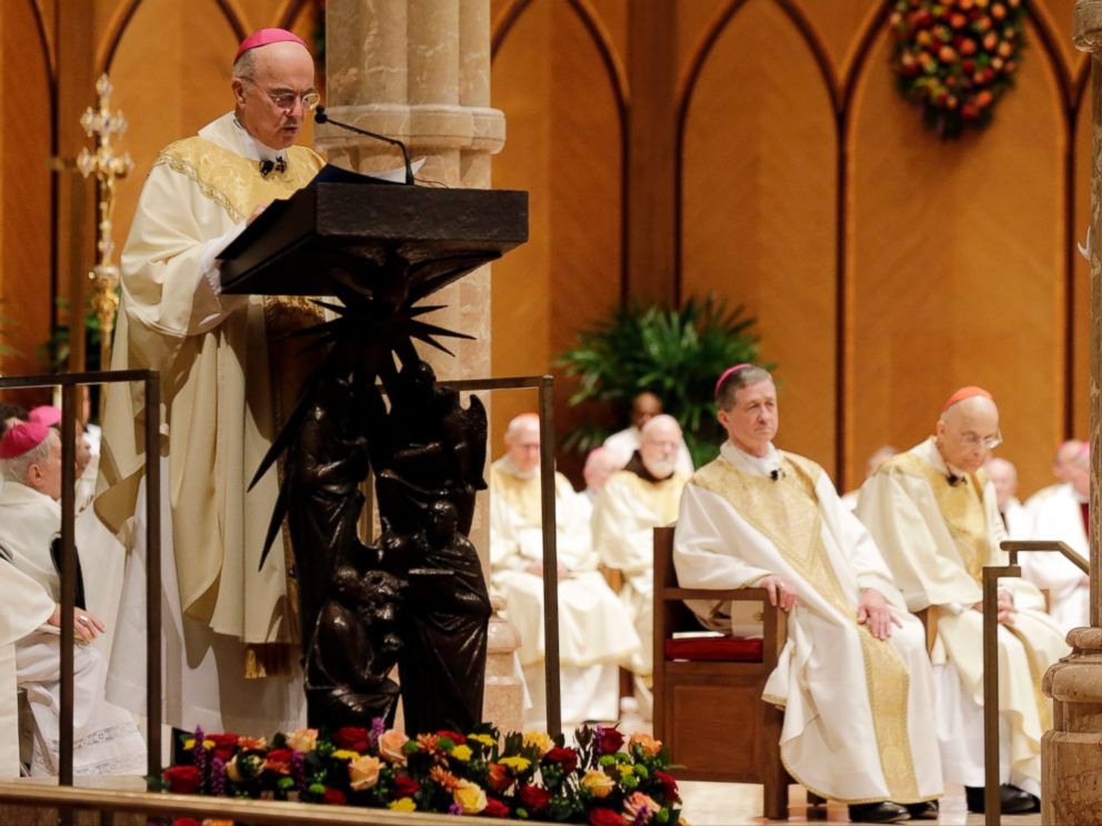In this Nov. 18, 2014 file photo, Archbishop Carlo Maria Viganò reads the Apostolic Mandate during the Installation Mass of Archbishop Blase Cupich at Holy Name Cathedral, in Chicago.