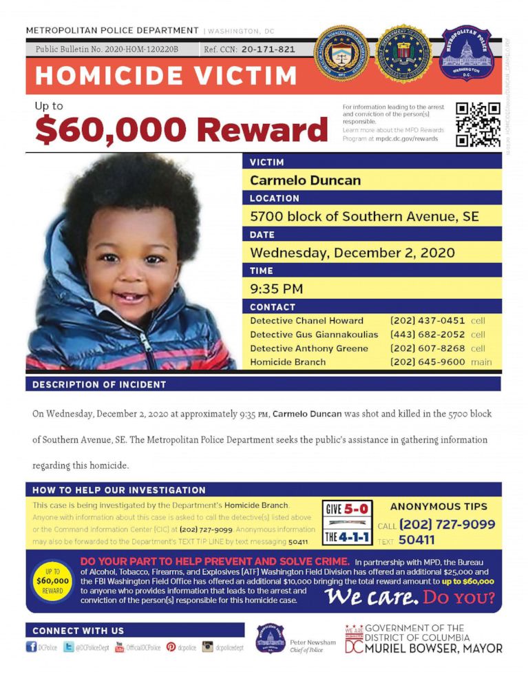 PHOTO: Poster released by DC Police of Carmelo Duncan to help find his shooter.
