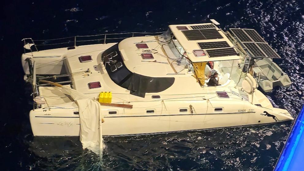PHOTO: A Carnival Cruise Line ship rescued four people and three dogs from a boat stranded in the Pacific Ocean, May 23, 2025. 