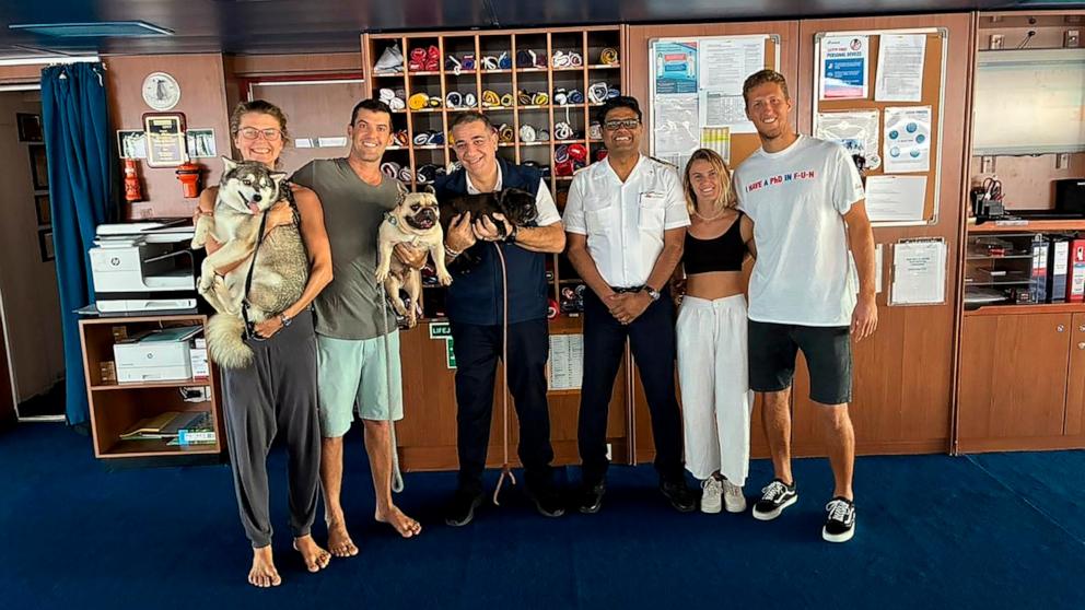 PHOTO: A Carnival Cruise Line ship rescued four people and three dogs from a boat stranded in the Pacific Ocean, May 23, 2025. 