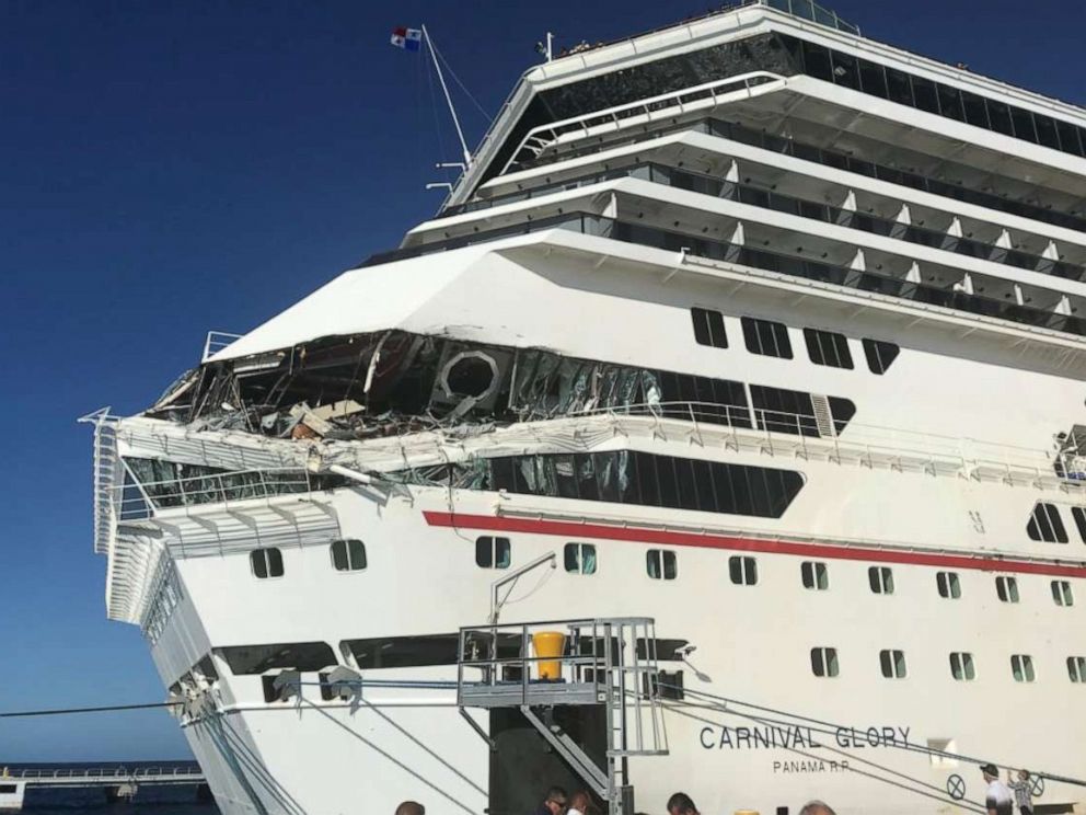 PHOTO: The damage to Carnival Glory is seen after a collision with another cruise ship at Cozumel cruise port, Mexico, Dec. 20, 2019, in this image obtained from social media.
