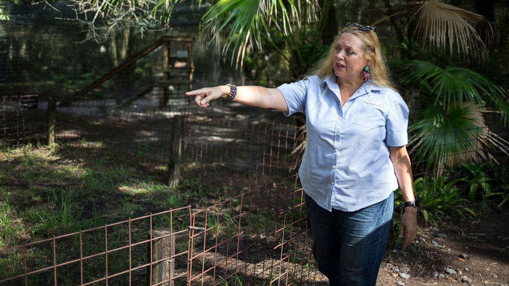 PHOTO: In this July 20, 2017, file photo, Carole Baskin, founder of Big Cat Rescue, walks the property near Tampa, Fla.