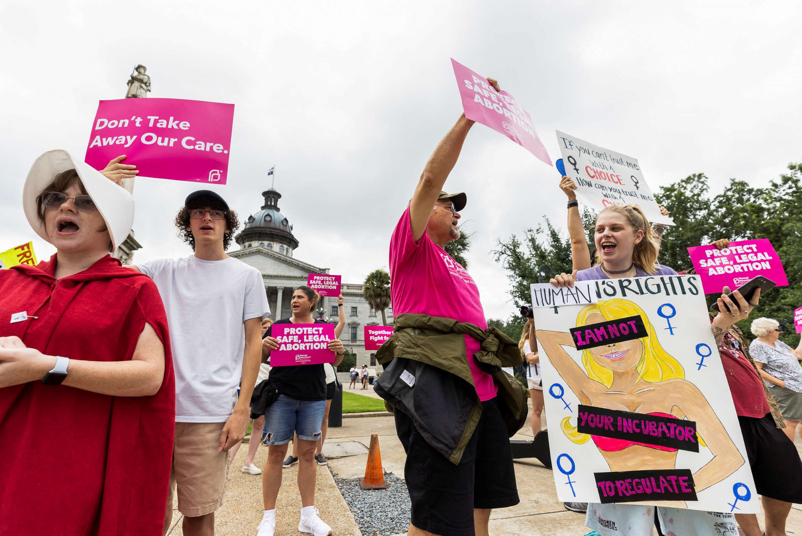 PHOTO: Protesters gather outside the South Carolina House as members debate a new near-total ban on abortion with no exceptions for pregnancies caused by rape or incest at the state legislature in Columbia, S.C., Aug. 30, 2022. 