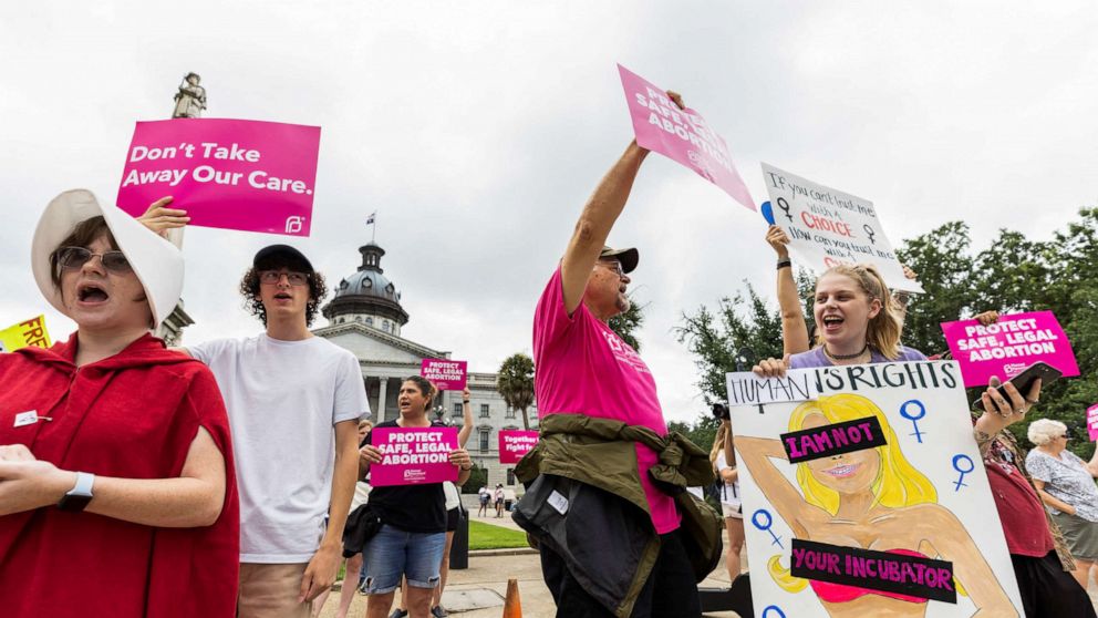PHOTO: Protesters gather outside the South Carolina House as members debate a new near-total ban on abortion with no exceptions for pregnancies caused by rape or incest at the state legislature in Columbia, S.C., Aug. 30, 2022. 